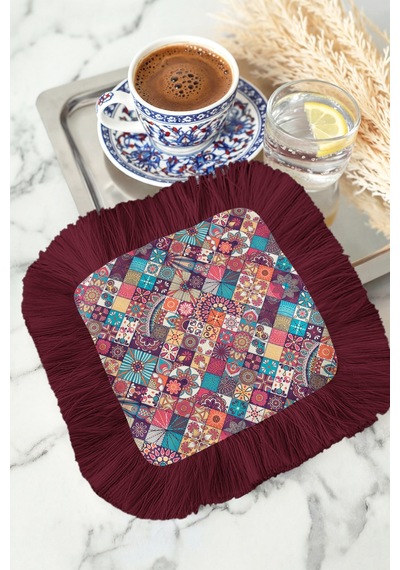 Mozaik Patchwork Saçaklı Sunum Peçetesi-canlı Bohem Renkli Bordo Saçak Bardak Altlığı Servis Mendili Çok Renkli
