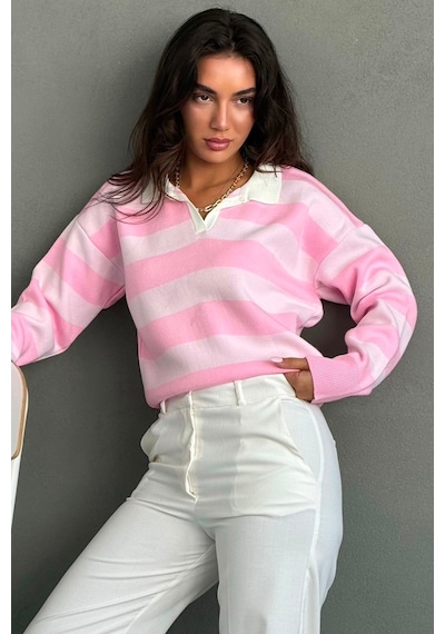 Madmext Pembe Çizgili Polo Yaka Kadın Kazak Mg2882
