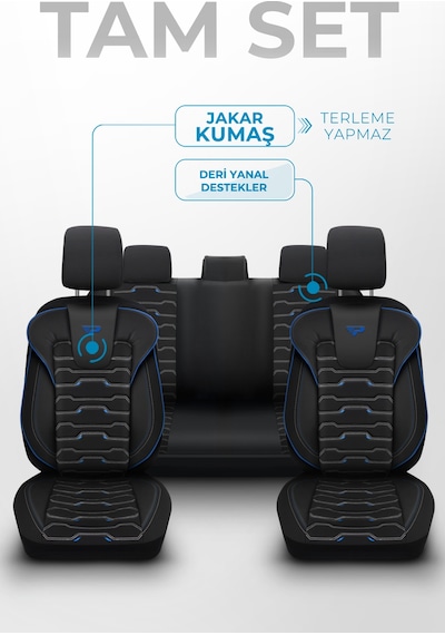 Siyah - Mavi Panda Sport Serisi Jakar Kumaş Oto Koltuk Kılıfı - Tam Set