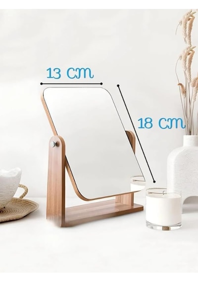 Dönebilir Lüx Ahşap Ayarlanabilir Masa, Makyaj, El Aynası Büyük Boy 18 Cm Genel