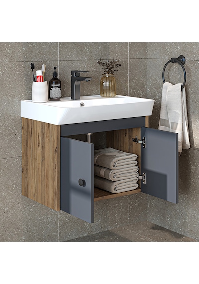 Ada Lavabolu Mat Suntalam Banyo Alt Dolabı 60 Cm Atlantik Çam - Antrasit