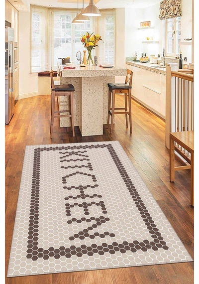 Bej Kaymaz Taban Yıkanan Kitchen Yazılı Mutfak Halısı Ar490