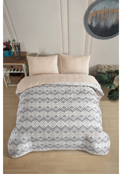 Çift Kişilik Desenli Kapitone Çift Taraflı Renkli Pike Yatak Örtüsü Takımı 200x230 Cm Çarşafsız Bej
