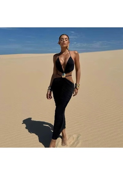 Pink Life Siyah Sandy Kumaş Toka Det.dekolteli Midi Elbise Siyah