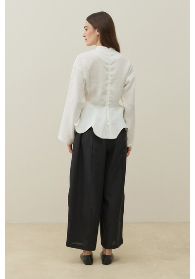 Molene Ekru Hakim Yaka Peplum Keten Bluz