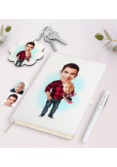 Kişiye Özel Baba Oğul Karikatürlü Beyaz Defter Kalem Ve Anahtarlı N11.16114
