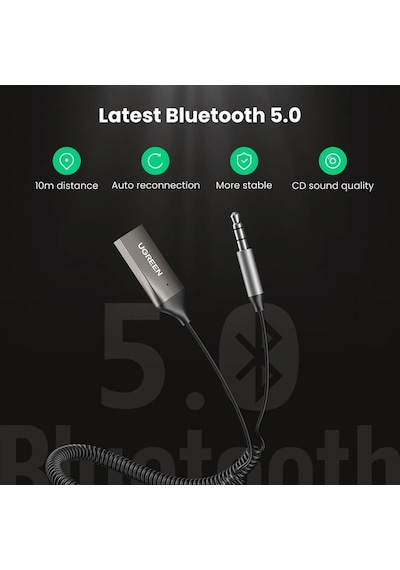 Ugreen 70601 3.5mm Aux Bluetooth 5.0 Alıcı Adaptör Araç Kiti