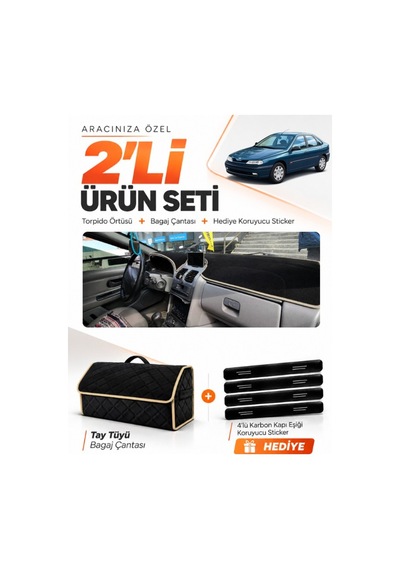Renault Laguna 1 Aırbagli 2000-2007 Uyumlu Torpido Örtüsü + Tay Tüyü Çanta Seti - Siyah Bej