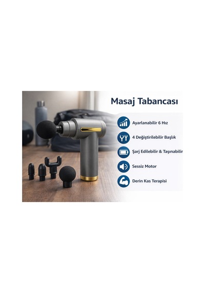 Masaj Tabancası 3200 Rpm 6 Kademeli Şarjlı Elektrikli Titreşimli Masaj Aleti 4 Başlık