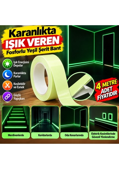 Karanlıkta Işık Veren Yansıyan 4 Metre Fosforlu Yeşil Şerit Bant Adet Fiyatıdır