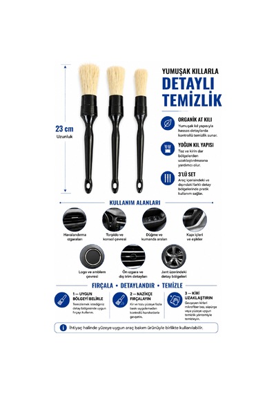 3 Lü Oto Detay Fırçası Seti Yumuşak Organik At Kılı Araç İç Dış Temizlik Fırçası