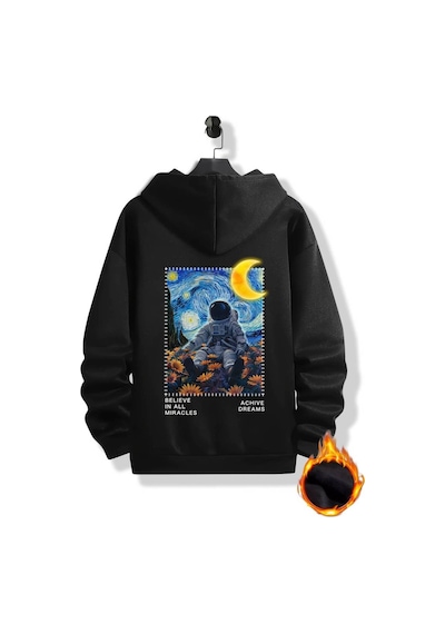 Medinenur Astronot Arka Baskılı Kapüşonlu Sweatshirt Siyah