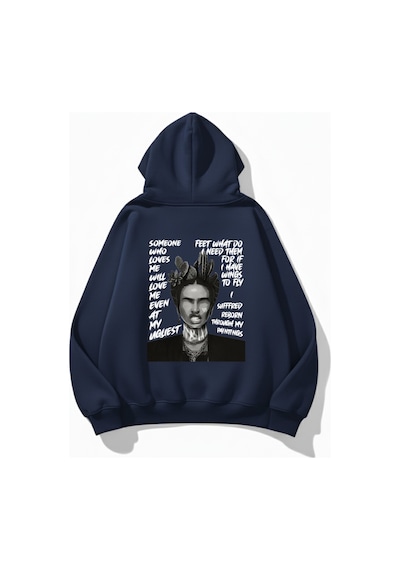 Uyguntarz Unisex Yumuşak Dokulu Frida Kahlo Viva La Vida Baskılı Tasarım Oversize 3 İplik Hoodie Sweatshirt Indigo