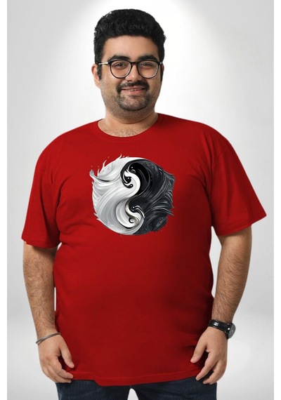 Angemiel Kırmızı Beyaz Ying Yang Kırmızı Büyük Beden Erkek Kadın Unisex Basic Ön Baskılı Tişört Kırmızı