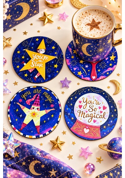 You're Magical Sihirli Dünya Temalı 4 Lü Bardak Altlığı Set 9 Cm, 3 Mm Ahşap Mdf, Dijital Baskı - 933651856 Diğer
