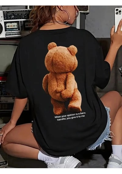 Kadın Tişört Büyük Boy Ayıcık Baskılı Bisiklet Kısa Kol T-shirt - Siyah