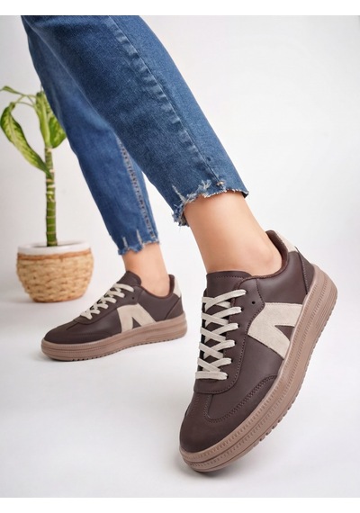 Kadın Sneaker Yüksek Taban Ortopedik Bağcıklı Spor Ayakkabı Retro Kahve-011 Beyaz
