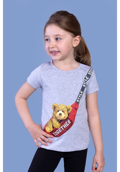 Toontoy Kids Toontoy Kız Çocuk Baskılı Bisiklet Yaka Kısa Kollu Tişört Gri