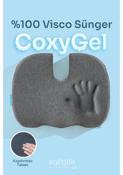 Coxygel Serinleten Visco Oturma Minderi Jelli Ortopedik Coccyx Kuyruk Sokumu Minderi 45x34x7cm Gri