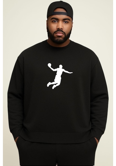 Benroma 3 İplik Penye Basketbolcu Baskılı Büyük Beden Unisex Sweatshırt Siyah