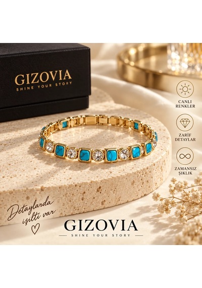 Gizovia Gold Renk Turkuaz Ve Kristal Taşlı Sıralı Kadın Bileklik