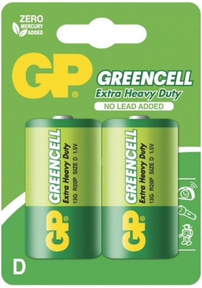 Gp Batteries Gp13g Greencell R20p/1250/d Boy Kalın Pil, 1.5 Volt, 2'li Kart