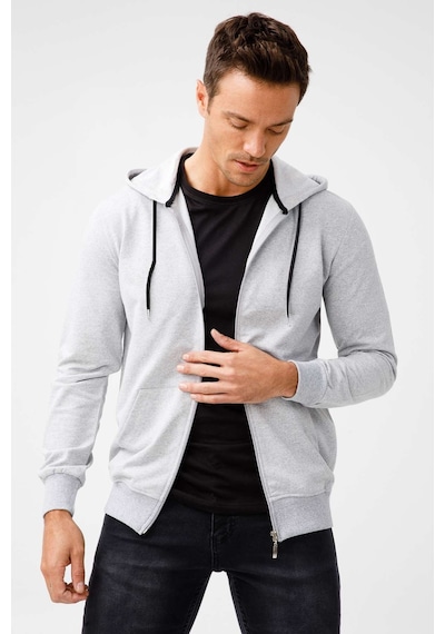 Igs İgs Erkek A.gri Modernfıt / Ekstra Dar Kalıp Kapşonlu Fermuarlı Sweatshirt Açık Gri