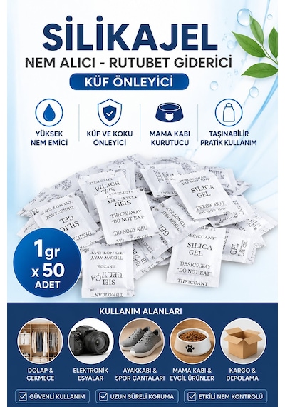 50 Adet 1 Gram Nem Alıcı Silikajel , Rutubet Giderici Küf Önleyici Mama Kabı Kurutucu Silika Jel