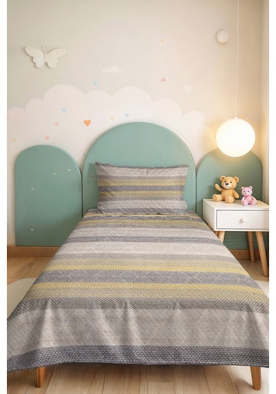 Gri Çizgili Geometrik Tek Kişilik Pike Takımı - Modern Sarı Bej 160x220 Cm Kapitone Yatak Örtüsü Mercansı Kakao Dengesi