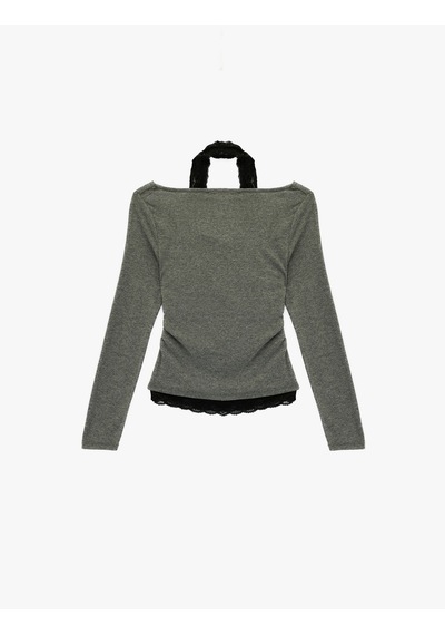 Koton Halter Yaka Dantel Detaylı Slim Fit Uzun Kollu Tişört Antrasit 6sal10365ık