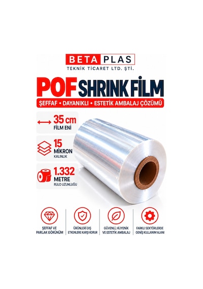 BETAPLAS POF Shrink Film 35 cm x 15 Mikron – 1.332 Metre – Çift Katlı-Isıyla Daralan Ambalaj Filmi
