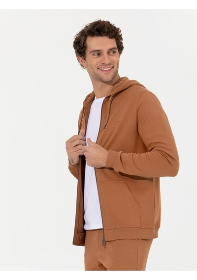 Camel %100 Pamuk Tam Fermuarlı Kapüşonlu Sweatshirt Kahverengi