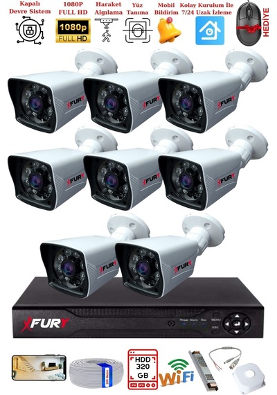 Fury 8 Kameralı 2mp Full Hd Görüntü 6 Atom Led Gece Görüşlü Dış Mekan Güvenlik Kamerası Seti 320gb