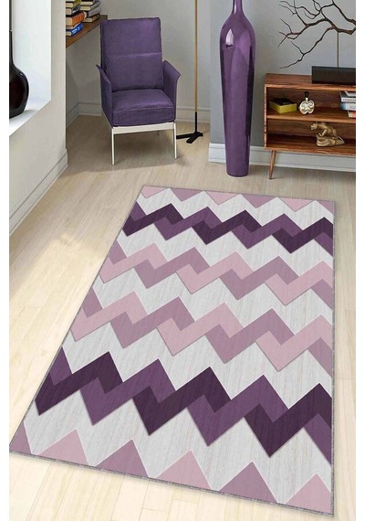 Mor Zigzag Kaymaz Tabanlı Makinede Yıkanabilir Halı Kn005n11