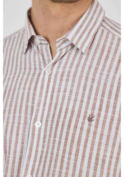 İmza Kahverengi Kısalabilir Kol Cepsiz Pamuk Casual Comfort Fit Gömlek 1004250128 Kahverengi