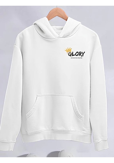 Kışlık Üç İplik Kapşonlu Sweatshirt - Beyaz