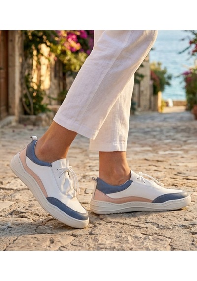 Twoegoist Kadın Hakiki Deri Spor Ayakkabı / Sneakers Beyaz - Mavi - Pembe