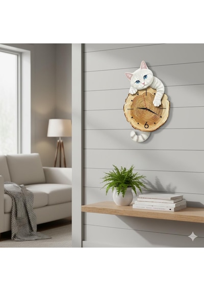 Cajuart Kütük Üzerinden Bakan Beyaz Kedi Tasarımlı Duvar Saati Modern Dekoratif Saat Beyaz