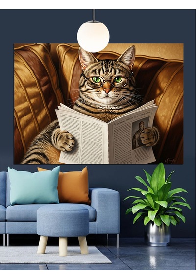 Kitap Okuyan Gözlüklü Kedi Dekoratif Kanvas - Mdf Ahşap Tablo