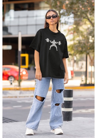 Özel Tasarım Squat Yazılı Sırt Baskılı Unisex Oversize Sporcu Fit Siyah