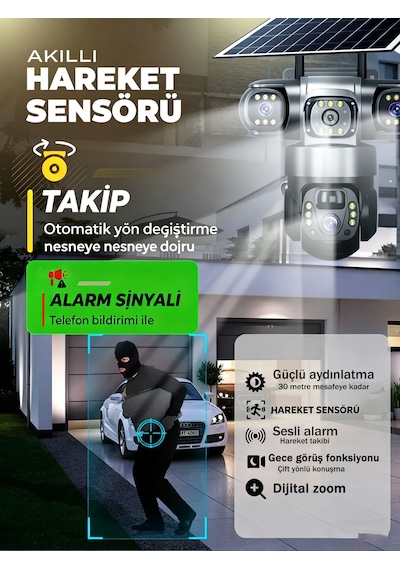 3 Kamera + Güneş Paneli 4k 4g Sım , Uzaktan Kontrol V380pro , Hareket Algılama, Gece Görüş Her Yerde Kullanım İç Ve Dış Mekan