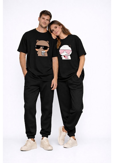 Sevgili Kombini Panda Bardak Baskılı Çift Tişört Oversize Unisex Siyah