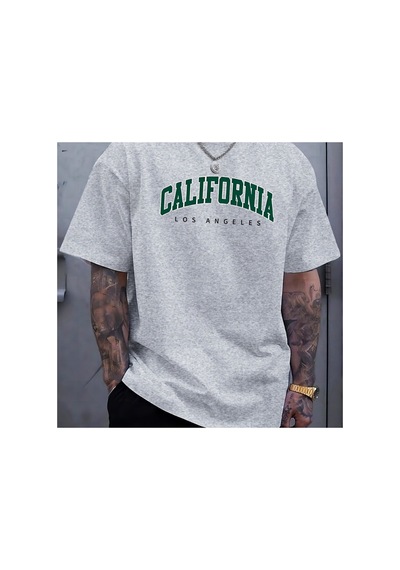 Caddemia Yaz Rahat Spor Gevşek Büyük California Mektup Baskılı Rahat Yuvarlak Boyun Gri 2XL
