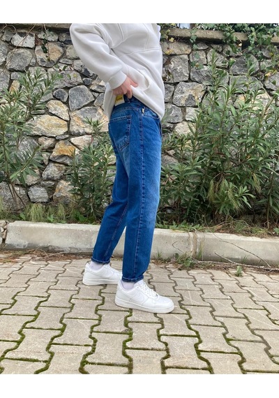 Koyu Mavi Efektli Boyfriend Pantolon Mavi