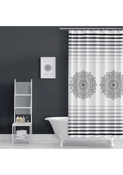 Siyah Çizgili Banyo Perdesi, 180x200cm Tek Kanat Duş Perdesi Beyaz - Siyah