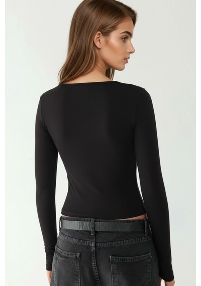 Hiccup Yumuşak Dokulu Slim Fit V Yaka Uzun Kollu Üst Siyah
