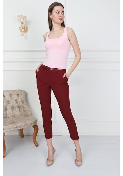 Bluence Beli Ince Kemerli Dar Paçalı Bordo Kumaş Pantolon Bordo