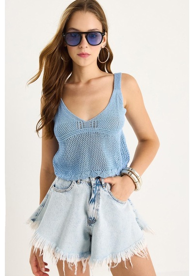 Shade Kadın Ajurlu Askılı Crop Triko Bluz 20251031 - Bebe Mavisi