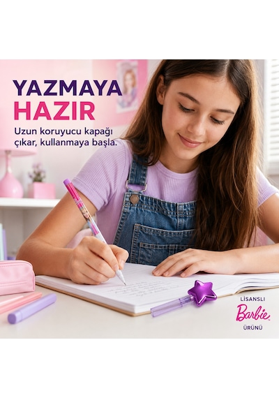 Bakgelal Barbie Yıldız Figürlü Geçmeli Silgili Kalem Eğlenceli Kırtasiye Kalemi - 9019177673314 Açık Mor