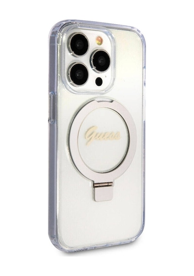 Apple Uyumlu iPhone 15 Pro Kılıf Guess Lisanslı Magsafe Özellikli Simli Ring Standlı